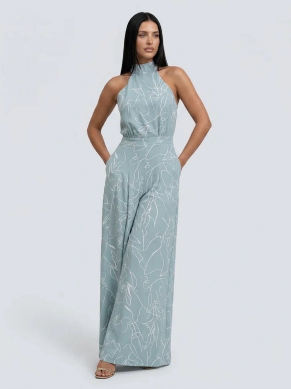 Novora The Label- Halter Wide-Leg Jumpsuit in Sage with White Line Print MEDIUM